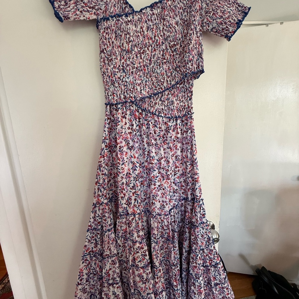 Poupette St. Barth Off-Shoulder Floral Maxi Dress in White, Navy and Red